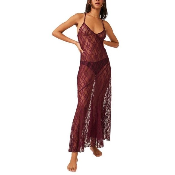 Free People A Little Lace Wine Lace Maxi Dress Size Small Criss Cross Back Sexy - Picture 1 of 8